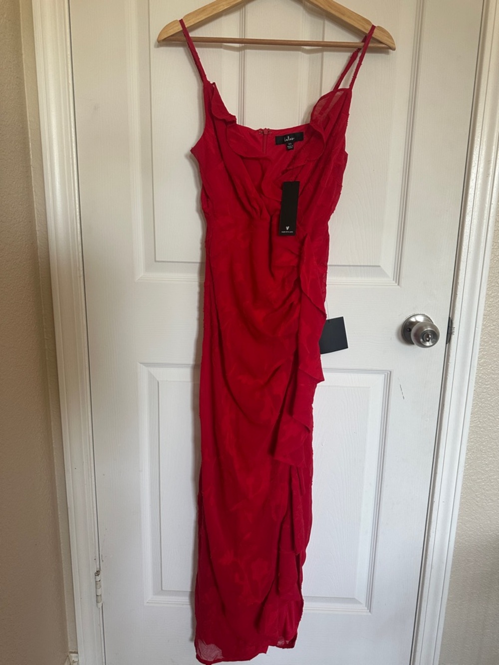 Lulu's Red Ruffle-Trim Spaghetti-Strap Maxi Dress